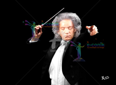 Digital Arts titled "Beethoven dirige Be…" by Béatrice Véronique Douda, Original Artwork, Digital Painting Mounted on Wood S…