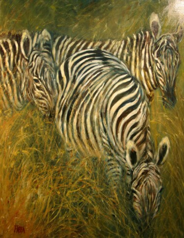 Картина под названием "3 zebres" - Béatrice Farge, Подлинное произведение искусства, Масло
