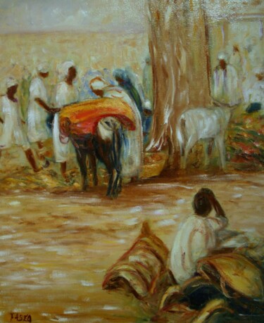 Painting titled "marché africain" by Béatrice Farge, Original Artwork, Oil Mounted on Wood Stretcher frame