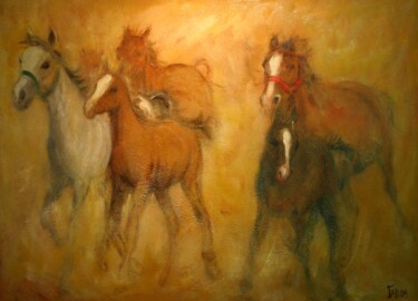 Schilderij getiteld "chevaux des sables" door Béatrice Farge, Origineel Kunstwerk, Olie