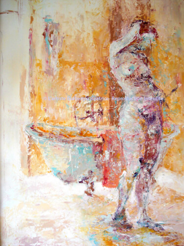Painting titled "Le Bain" by Beatrice Guibergia, Original Artwork, Oil Mounted on Wood Stretcher frame
