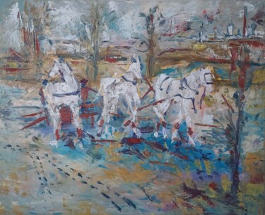 Painting titled "Cheval blanc" by Beatrice Guibergia, Original Artwork, Oil Mounted on Wood Stretcher frame