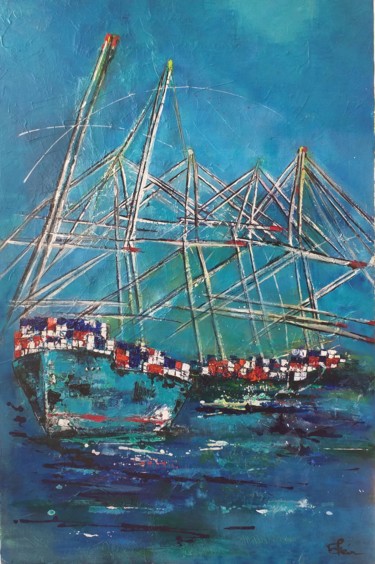 Painting titled "Porte-containers" by Bea Madelenat, Original Artwork, Acrylic Mounted on Wood Stretcher frame