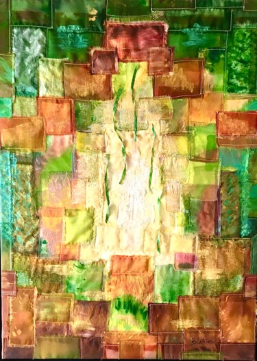 Textilkunst mit dem Titel "AUTOMNE" von Béatrice Marty, Original-Kunstwerk, Patchwork Auf Keilrahmen aus Holz montiert