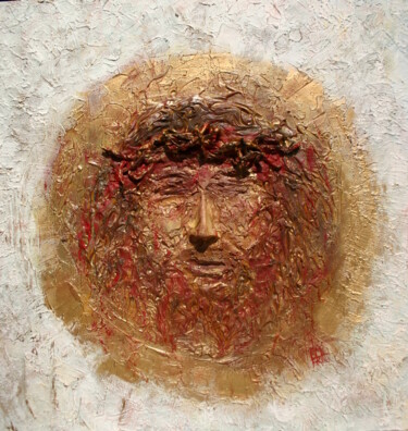 Sculpture titled "FACE OF JESUS IN TH…" by Béatrice Mitry, Original Artwork, Polymer clay Mounted on Wood Panel