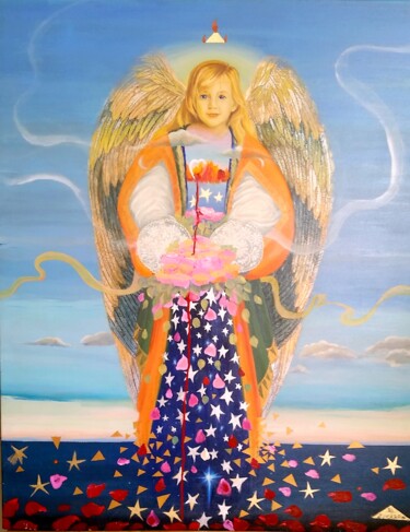 Painting titled "ANGEL DEL AMANECER" by Beatriz Zucaro, Original Artwork, Oil Mounted on Wood Stretcher frame