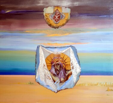 Painting titled "CRISTO COSMICO ." by Beatriz Zucaro, Original Artwork, Oil Mounted on Wood Stretcher frame