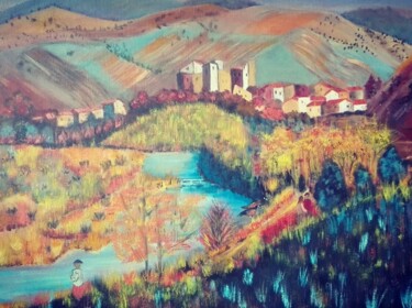 Painting titled "village naif" by Beatrice Auriol Besombes, Original Artwork, Oil Mounted on Wood Stretcher frame