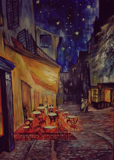 Painting titled "la terrasse du café" by Beatrice Auriol Besombes, Original Artwork, Oil Mounted on Wood Stretcher frame