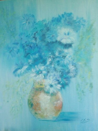 Painting titled "fleurs bleues" by Beatrice Auriol Besombes, Original Artwork, Oil Mounted on Wood Stretcher frame