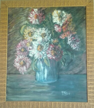 Drawing titled "bouquet au pot bleu" by Beatrice Auriol Besombes, Original Artwork, Pastel Mounted on Cardboard