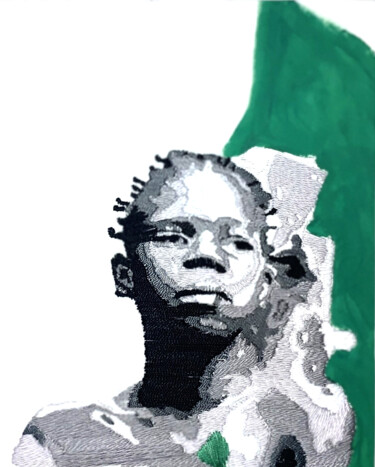 Textielkunst getiteld "pygmée du Congo" door Béatrice Beraud, Origineel Kunstwerk, Borduurwerk Gemonteerd op Karton