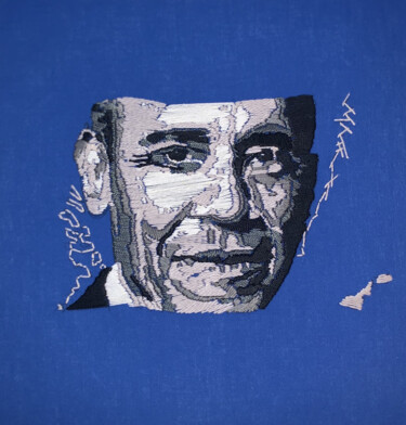 Textile Art titled "Barak Obama" by Béatrice Beraud, Original Artwork, Embroidery Mounted on Cardboard