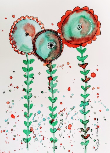 Peinture intitulée "Flores en rojo y az…" par Beatriz Astudillo, Œuvre d'art originale, Aquarelle