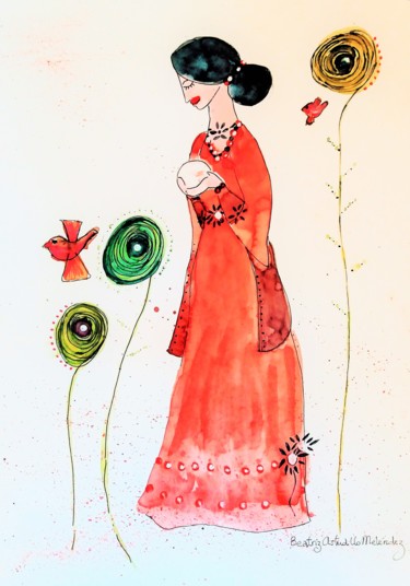 Pintura titulada "Mujer con esfera de…" por Beatriz Astudillo, Obra de arte original, Acuarela