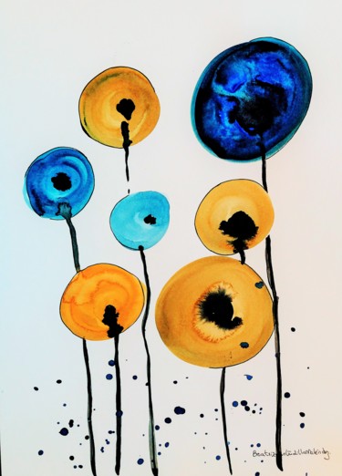 Pintura titulada "Flores en azul y am…" por Beatriz Astudillo, Obra de arte original, Acuarela