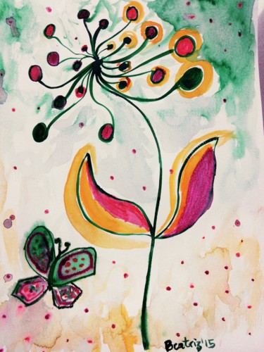 Painting titled "Flor y mariposa" by Beatriz Astudillo, Original Artwork, Watercolor