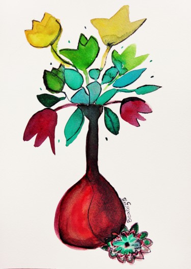 Painting titled "Jarrón con flores" by Beatriz Astudillo, Original Artwork, Watercolor