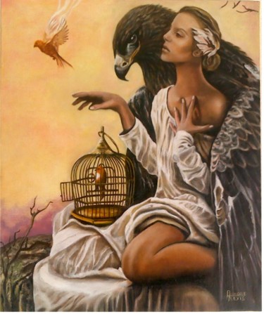 Peinture intitulée "Femme à l'Aigle" par Aurore Alexis, Œuvre d'art originale, Huile