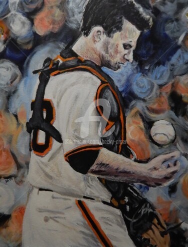 Painting titled "Buster Posey" by Becky Arner, Original Artwork, Acrylic