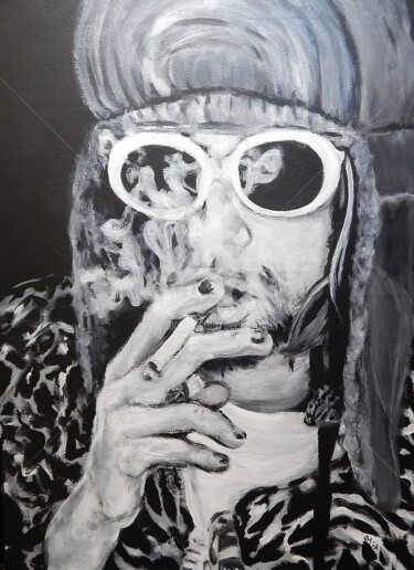 Malerei mit dem Titel "Kurt Cobain in chee…" von Becky Arner, Original-Kunstwerk, Acryl