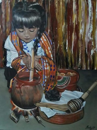 Peinture intitulée "Xocolatl" par Becky Torres, Œuvre d'art originale, Huile Monté sur Panneau de bois