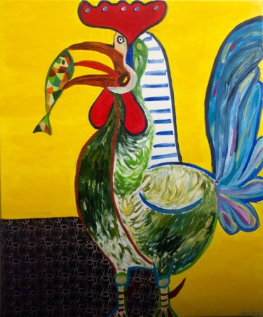 Painting titled "Le coq et le poisson" by Clara Becq, Original Artwork, Oil Mounted on Wood Stretcher frame