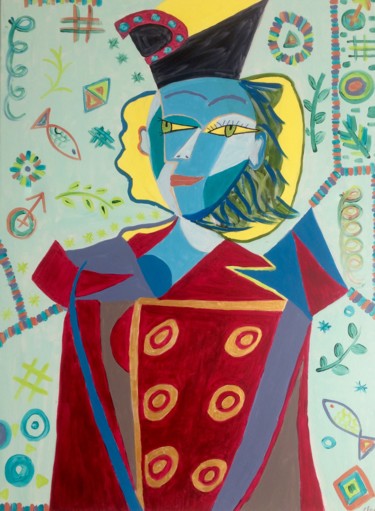 Painting titled "Femme à la veste ro…" by Clara Becq, Original Artwork, Acrylic Mounted on Wood Stretcher frame