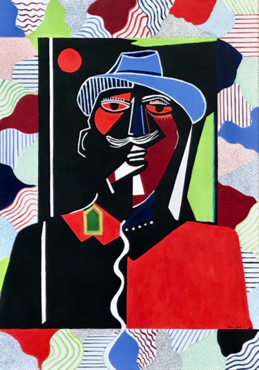 Painting titled "L’ homme au chapeau…" by Clara Becq, Original Artwork, Acrylic Mounted on Wood Stretcher frame