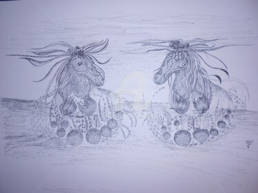 Drawing titled "Chevaux dans les ch…" by Bega, Original Artwork, Ink