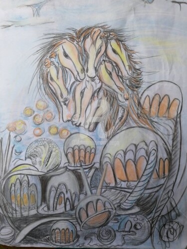 Rysunek zatytułowany „Plongeon dans le Fu…” autorstwa Bega, Oryginalna praca, Kreda