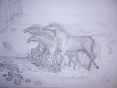 Drawing titled "Les Chevaux Sauvage…" by Bega, Original Artwork, Ink