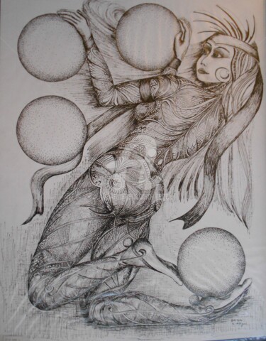 Drawing titled "La Danse des ballon…" by Bega, Original Artwork, Ink