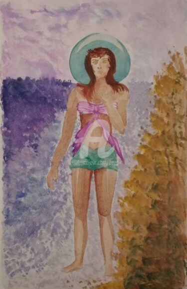 Painting titled "Sur la plage ©" by Bega, Original Artwork, Watercolor