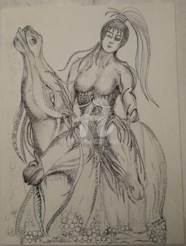 Drawing titled "La Cavalière ©" by Bega, Original Artwork, Ink