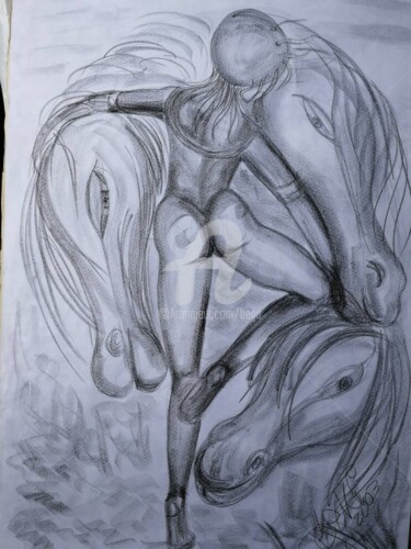 Dibujo titulada "Loving Horses ©" por Bega, Obra de arte original, Carbón