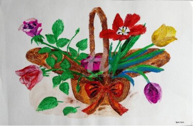 Peinture intitulée "Panier fleuri ©" par Bega, Œuvre d'art originale, Gouache