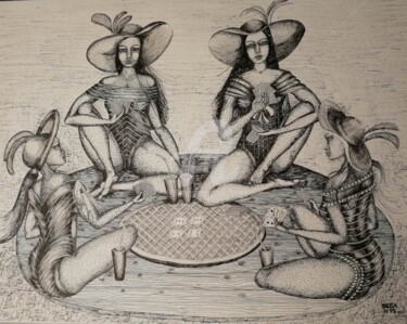 Dessin intitulée "Partie de cartes ©" par Bega, Œuvre d'art originale, Encre