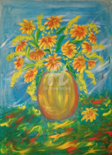 Картина под названием "Vase dorée  ©" - Bega, Подлинное произведение искусства, Гуашь