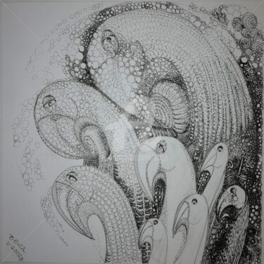 Drawing titled "Vagues de volatiles…" by Bega, Original Artwork, Ink