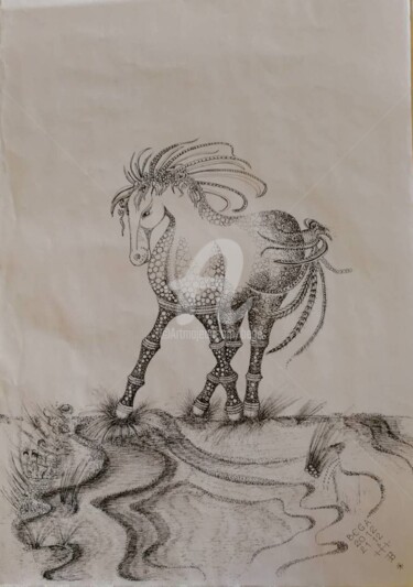 Dessin intitulée "Mustang SAUVAGE ©" par Bega, Œuvre d'art originale, Encre