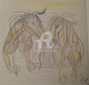 Dessin intitulée "Deux chevaux  ©" par Bega, Œuvre d'art originale, Crayon