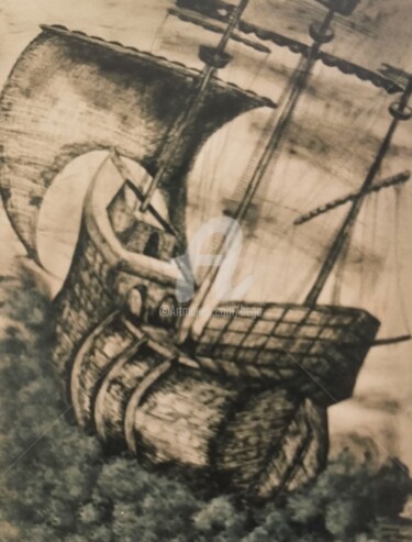 Desenho intitulada "Le navire dans la t…" por Bega, Obras de arte originais, Tinta