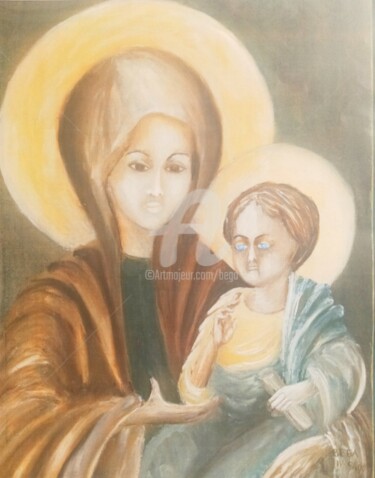 Schilderij getiteld "Marie et Jésus ©" door Bega, Origineel Kunstwerk, Gouache
