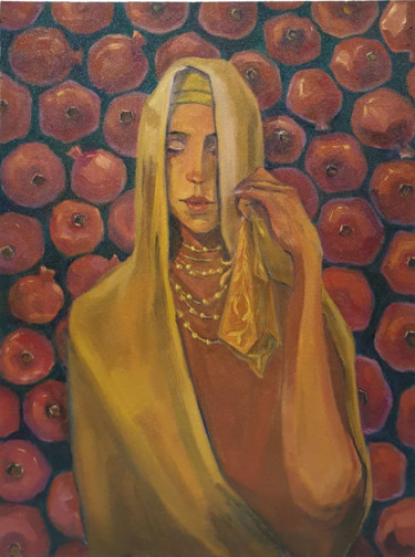 Painting titled "girl with pomegrana…" by Khilal B, Original Artwork, Oil Mounted on Wood Stretcher frame