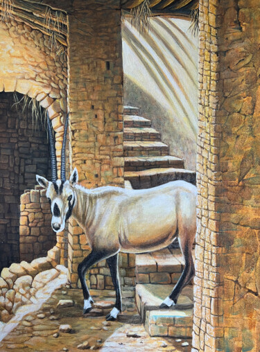 Painting titled "Oryx d'Arabie" by Behzad Nahed, Original Artwork, Acrylic Mounted on Wood Stretcher frame
