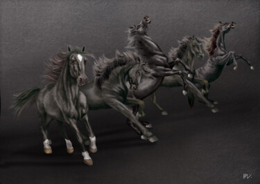 Digital Arts titled "Chevaux noirs" by Behzad Nahed, Original Artwork, Digital Painting