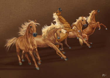 Digital Arts titled "chevaux roux" by Behzad Nahed, Original Artwork, Digital Painting