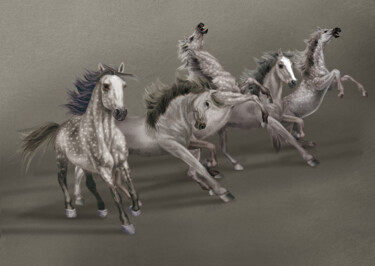 Arts numériques intitulée "chevaux gris agités" par Behzad Nahed, Œuvre d'art originale, Peinture numérique