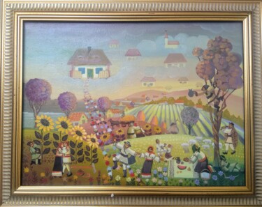 Painting titled "Village between the…" by Bejinari Florin, Original Artwork, Oil